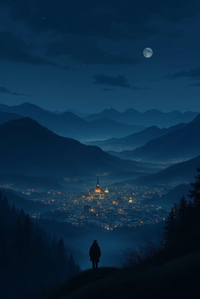 A town surrounded by small mountains seen from a hill at night, in darkness with light reflections, realist