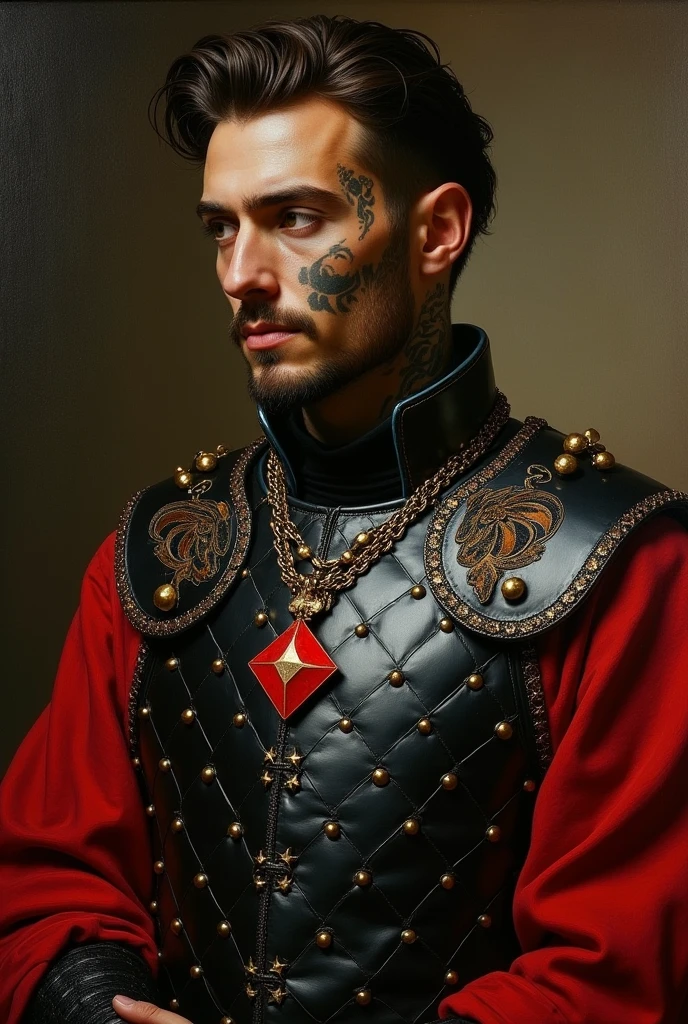 {{Masterpiece, best quality, oil painting, by Franz von Stuck, by James Tissot, male focus, muted colors}}, the composition is: (((((very dramatic half body portrait of a pensive 30 year old nobleman, sexy, brown skin, tan, confident, magnificent, disheveled brown hair. Tattoos, His face is tattooed))))). ((((He is wearing a silken, black and red ancient plate armor with ronin inspired elements made of crocodile leather with tortoiseshell elements, he is wearing a red diamond shape pendant, and a golden moth badge)))).
