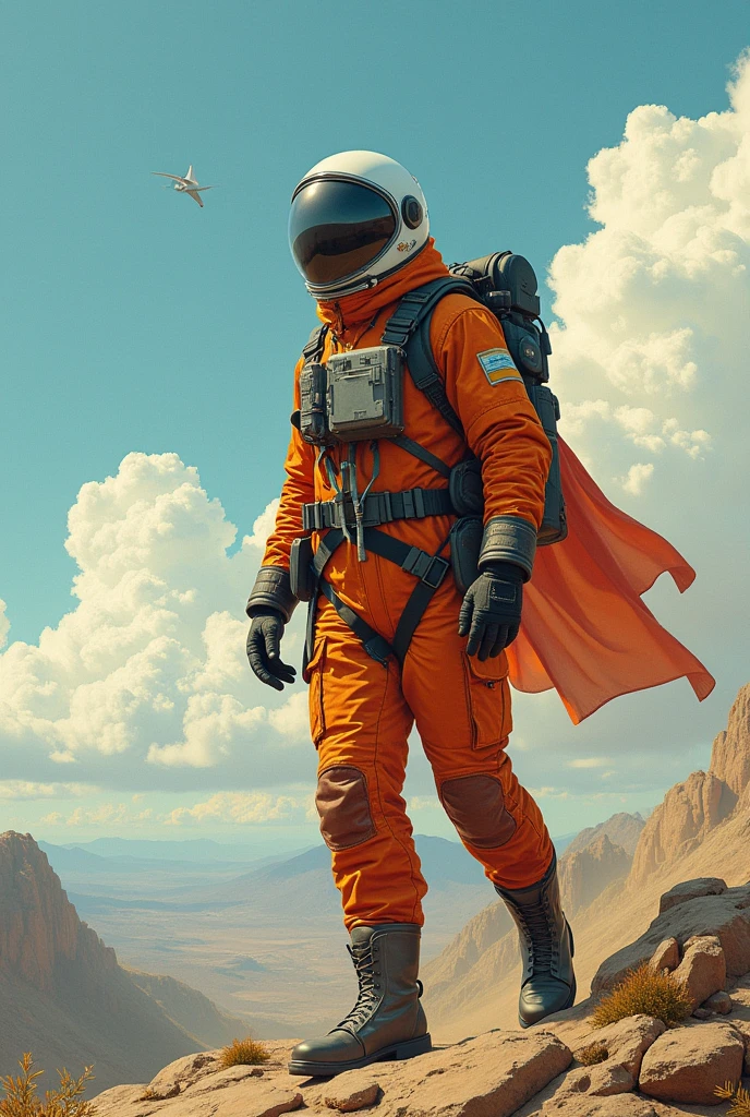 Create a drawing about the following text The protagonist is Cooper, a test pilot and former rocket engineer, who lives in a world where the Earth is facing a severe environmental crisis