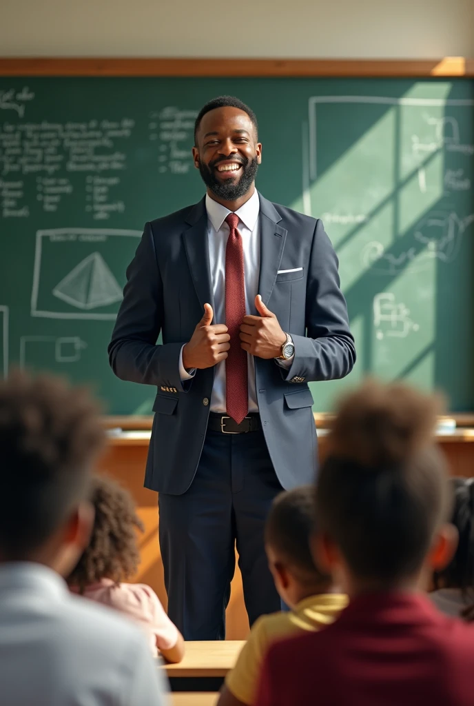 Un professeur Africain en costume au tableau souriant avec ses élèves en classe