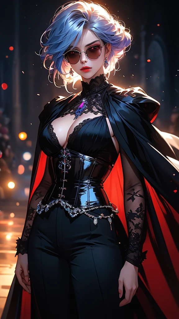 A girl in a cave, luminescent stones, standing, posing, flowing silky blue hair, detailed beautiful red eyes, bright emotions, makeup, translucent purple sunglasses with a round frame, jewelry, black outfit, black corset with silver lacing emphasizes the chest, silk black shirt embroidered with patterns of silver thread, cape made of satin black fabric, belt, pants, juicy hips, cinematic lighting, VFX, best quality, 8k, highres, masterpiece, ultra-detailed, realistic, photorealistic, HDR, UHD, studio lighting, ultra-fine painting, sharp focus, physically-based rendering, extreme detail description, professional, vivid colors, bokeh