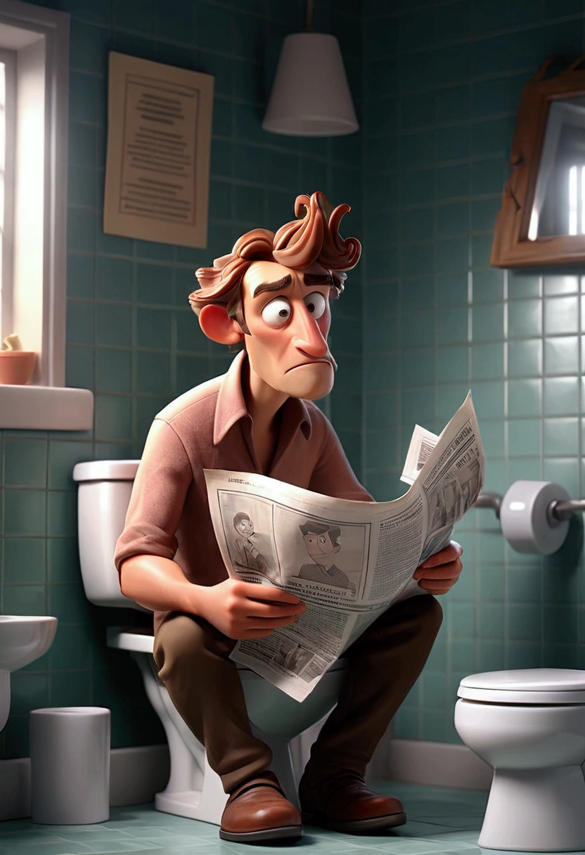 "A casually dressed man, sitting on a toilet in a simple bathroom, reading a newspaper. The environment is typical of a bathroom, with tiles on the walls and a roll of toilet paper next to it. The man seems completely absorbed in reading, demonstrating relaxation and disinterest in what is around."