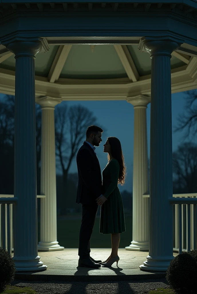 In a white marble gazebo under the dark night, A couple is separated by one meter, each supported on opposite columns. the man, black dress, and the woman, with a green sweater, They remain motionless in a tense atmosphere. The gazebo is far away and the surrounding nature stands out