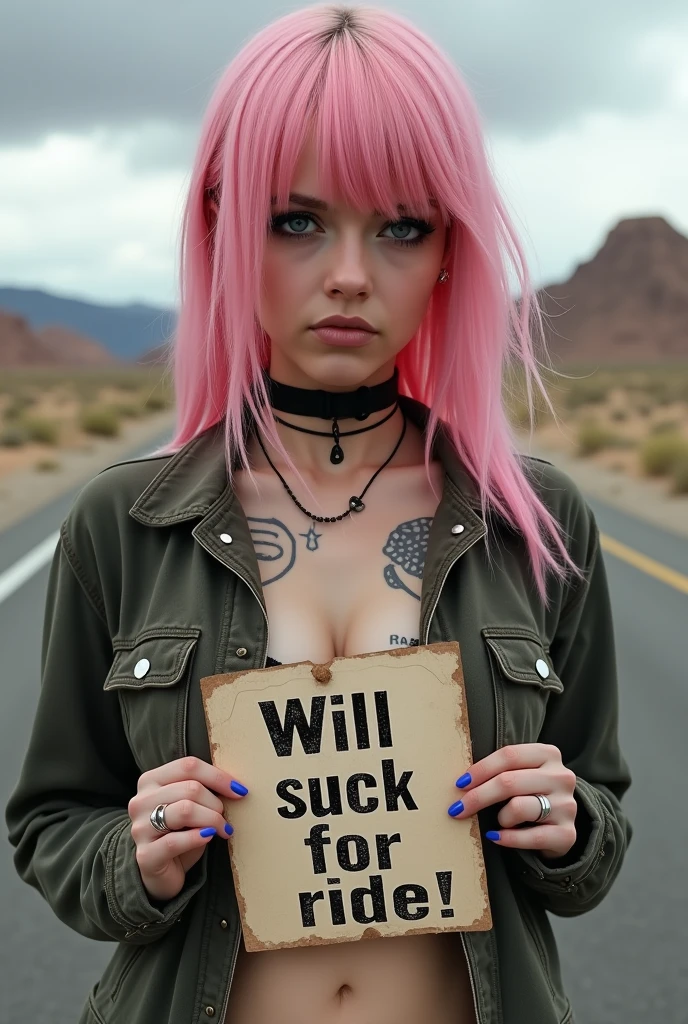 A poster with the words "Will suck dick for ride！".  an frowbing emo chickholding the poster, beautiful girl, cute, pink Hair, tattoos, The background is a deserthighway, open denemn jacket with cleavage. Overcast cloudy day. Sad expression 