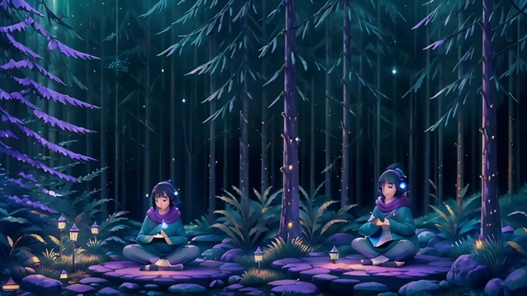 Imagine a magical, fantasy-themed scene for your lo-fi YouTube channel. The setting is a mystical forest, bathed in the soft glow of bioluminescent plants and floating orbs of light. A winding cobblestone path leads through ancient, towering trees with leaves that shimmer in shades of blue and purple.

At the center of the scene, a lone figure sits on a moss-covered rock, wearing a cloak with a hood drawn up, their face softly illuminated by a floating, glowing book that they hold open in their lap. Around them, tiny, ethereal creatures flutter through the air, leaving trails of sparkling dust behind. 

In the background, a crystal-clear stream flows gently, its surface reflecting the glow of the enchanted surroundings. The night sky above is filled with stars, and two large moons hang low, casting a surreal light over the landscape.

This image perfectly encapsulates the dreamy, otherworldly vibe of your fantasy-themed lo-fi channel, inviting viewers into a realm of magic, relaxation, and imagination.