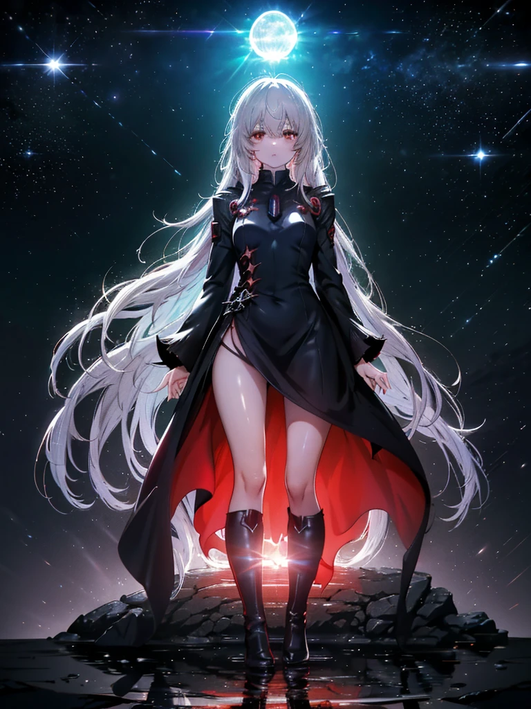 Girl with long white hair down to her waist, with small red details, red eyes, long black dress with a leg slit, with red details, long black boots up to below the knees, white skin, the ground around her is cracking and small stones are floating around her surrounded by a black aura, she is surrounded by shadows, and the background is dark like the night with the universe and stars, her presence causes fear, her shadow appears to be a monster, 8k, high quality, full body, (ultra-realistic), {extremely detailed 8k CG unit wallpaper}, expansive landscape photograph, (light: 2.0), (warm light source: 1.5), complex details, (iridescent colors: 1.5), (bright lighting), (atmospheric lighting), surreal, impressive, fantasy, (Solo: 1.2), White moon