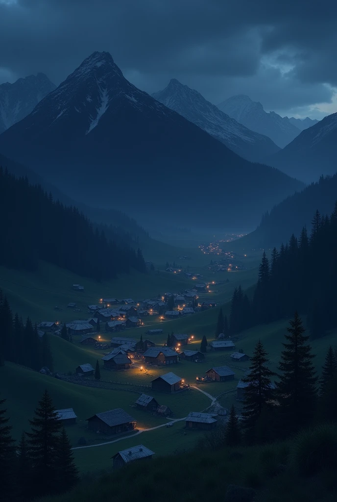 A single village surrounded by small mountains seen from a hill at night, in darkness with light reflections, realist