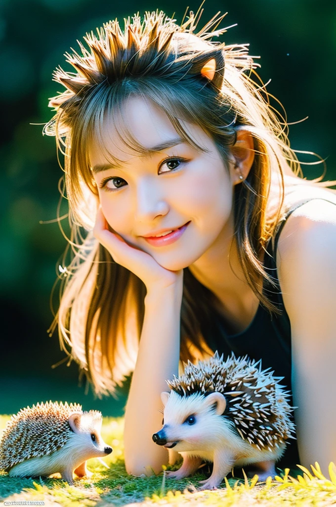(masterpiece, ultra-detailed, ultra-realistic, best quality, clear focus, photorealistic), (ultra-high resolution, 8k:1.3), (hip focus:1.3), perfect anatomy, perfect face, (detailed face, detailed eyes:1.3), (1 beautiful Japanese blonde girl), (very cute face:1.3), (her body is very Spiky like a hedgehog:1.35), On the grassland with a magnificent view, professional light, smile, fangs, with a hedgehog