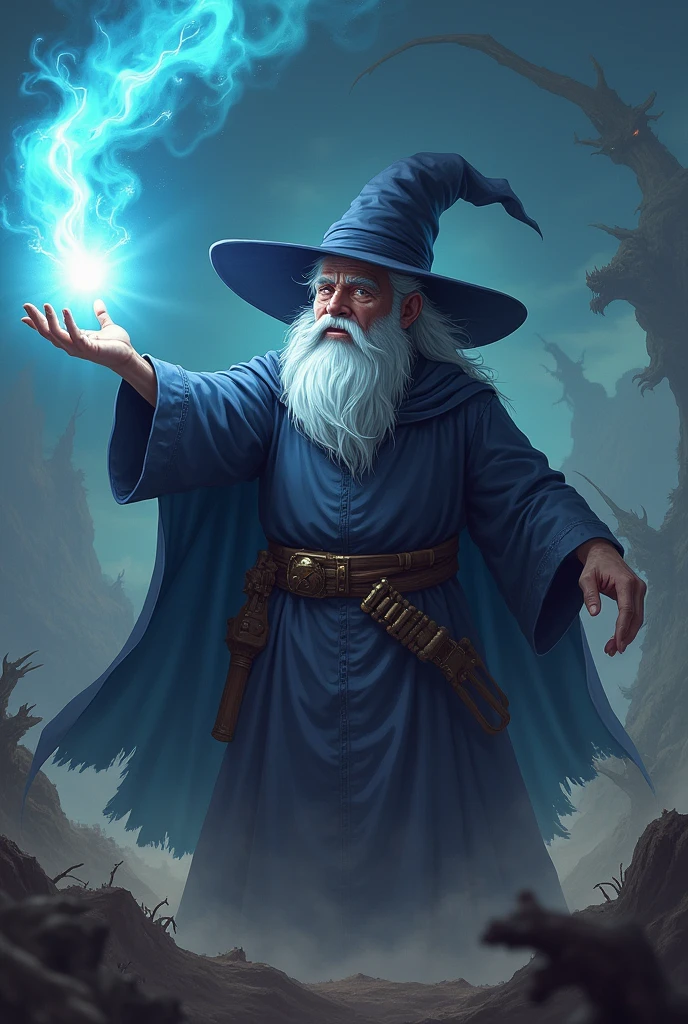 highest quality, 8k, hdr, (head to toe:1.4), Anime, Wizard, crazy, casting grand magic, battlefield, fighting monsters with magic, grey beard, pointy wizard hat,