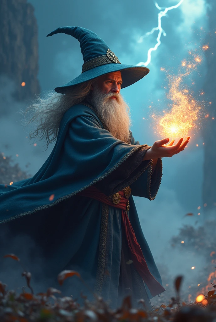 highest quality, 8k, hdr, (head to toe:1.4), Anime, Wizard, crazy, casting grand magic, battlefield, fighting monsters with magic, grey beard, pointy wizard hat,