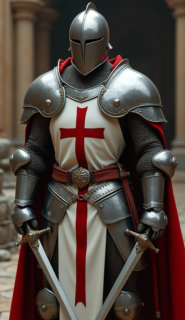 12th century、One of the Knights Templar of the Temple of Jerusalem, Cover the whole body in armor、He has a double-edged sword in both hands, (1 Crusader sword), The handle is cross-shaped, It is decorated, He is wearing the helmet from that time..、He wears a cloak with a red cross on his chest, Accurate,  ((Anatomically correct,,Surrealism, UHD, retina, accurate, anatomically correct, textured skin, super detail, high details, best quality, 8K))