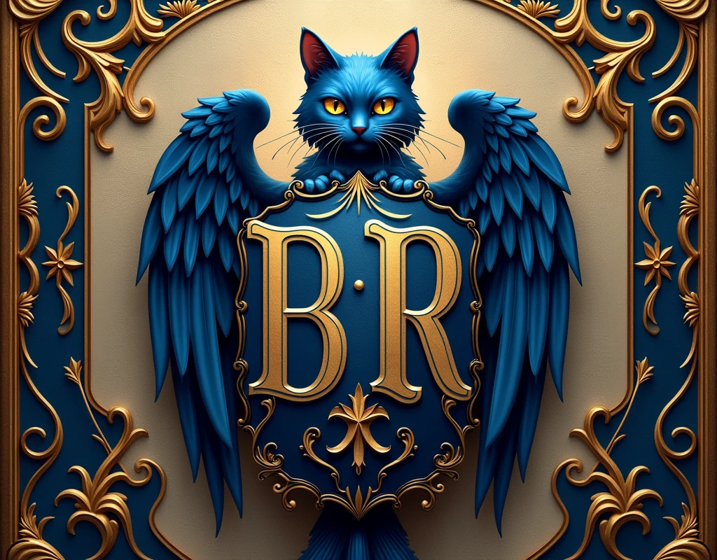 Create a coat of arms with the letters , " Bluecatbr " in high quality , for a motivational profile com  um cat como símbolo 