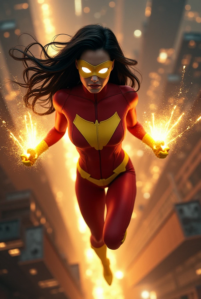 Megan fox black hair yellow and red mask covering her eyes with white lenses, jumping from a building one hand with webs while the other releases a burst of energy beams yellow shocks, looking at the horizon at night, wearing a yellow and red suit. very very beautiful woman 
