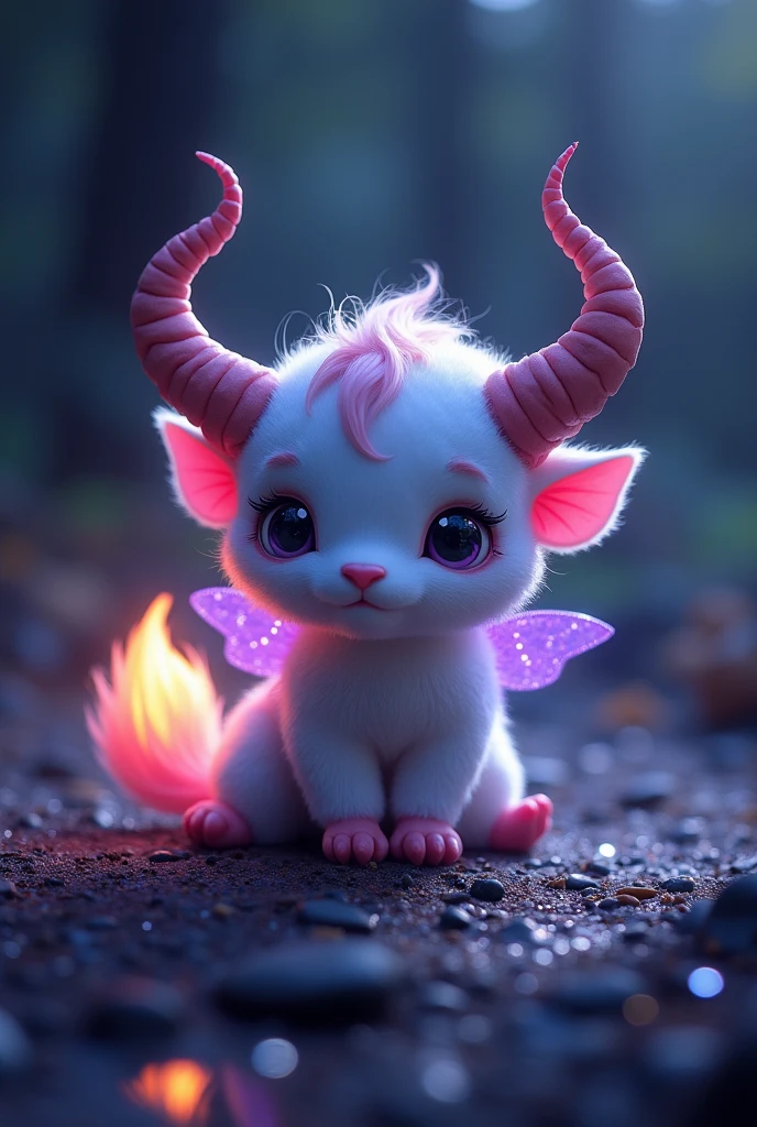 A furry little ball in the night with glitter around it with horns with a fiery tail with purple wings
