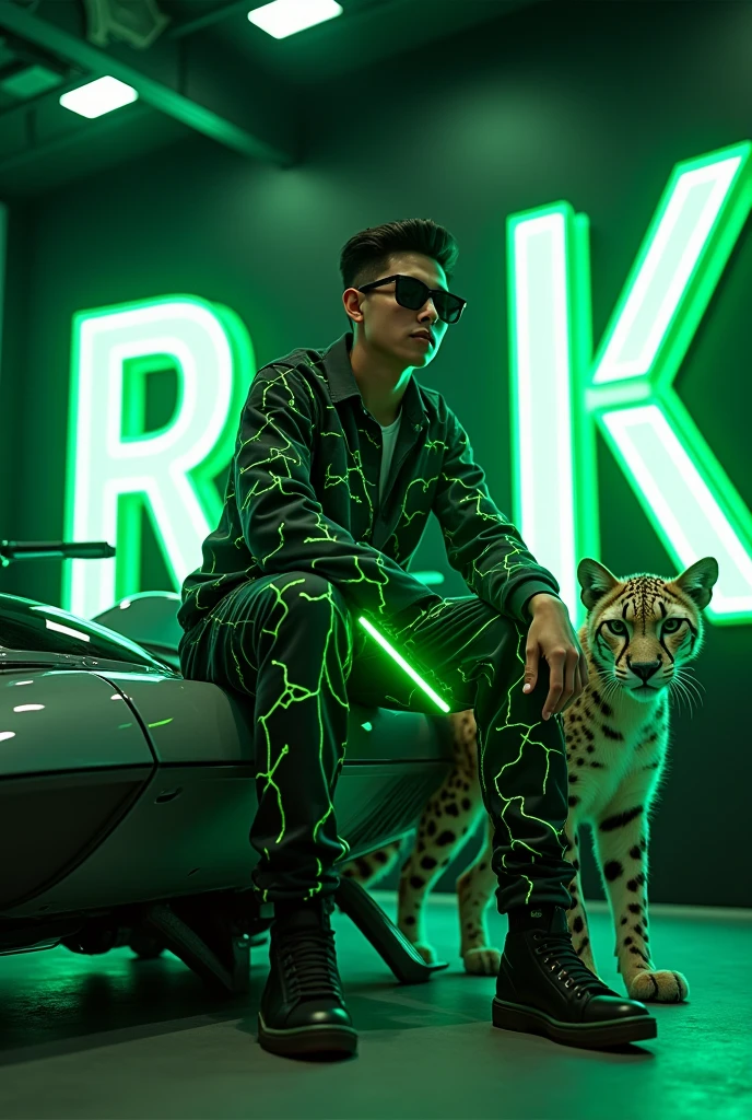 Create a 3D illusion for a profile picture where a 18 Year old attitude boy in a sunglasses and green and black lightning dress Sitting casually on a helicopter fantasy . With a green neon light HandPanch hand. And a ferocious peregrine White Cheetah by my side. Wearing sneakers, he looks ahead. The background features big ‘R.k” in big Light gaming Room and capital green neon light fonts on the black big wall. There should not be his shadow, and there are wings to make