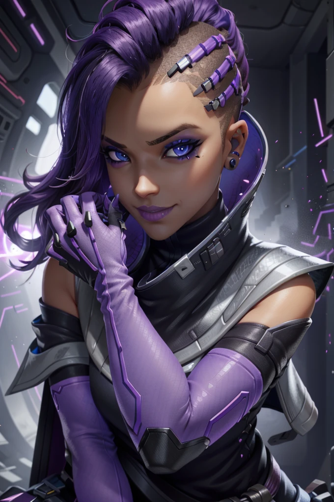 SombraOver, 1girl, solo, asymmetrical hair, dark skin, dark-skinned female, mole, makeup, purple hair, purple lips, gloves, elbow gloves, smile, mole under eye, undercut, lipstick, purple gloves, purple eyes, eyeshadow, looking at viewer, upper body, two-tone hair, earrings, multicolored hair, jewelry, mascara, blue eyes, eyeliner, high collar, bare shoulders, outdoors
