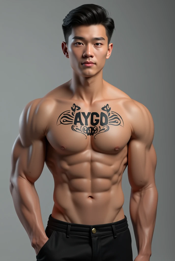 a handsome adult man standing with a tattoo on his chest named "AYGO". A sexy man with an Asian face without wearing clothes. 3D photo