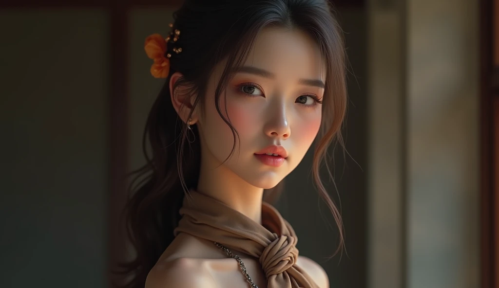 a woman in a dress with a scarf around her neck,(((age 20)))beautiful faces, (woman,:1.2), (full body:0.6), a character portrait by Zhang Shunzi, featured on cg society, samikshavad, studio portrait, movie still, uhd image, , beautiful faces, a bronze sculpture full body, detailed faces, 4k cinematic level, epic details. Epic, detailed 4K photos captured with Kodak, Detailed, cinematic bokeh,