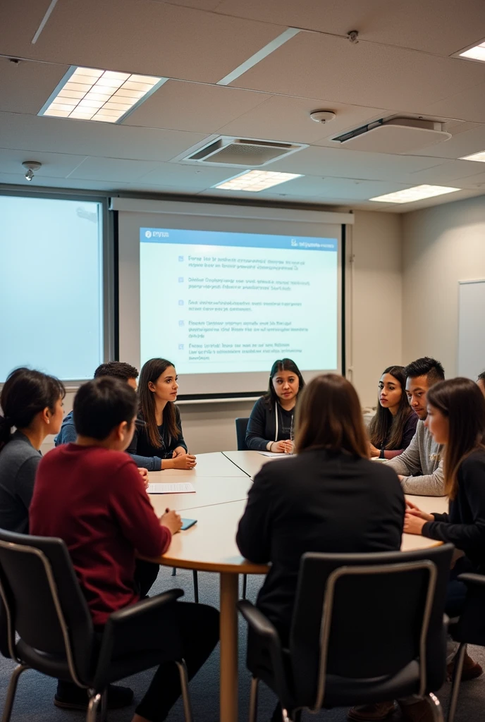 Los Libertadores University Foundation with 15 students in the classroom talking with chairs at a round table