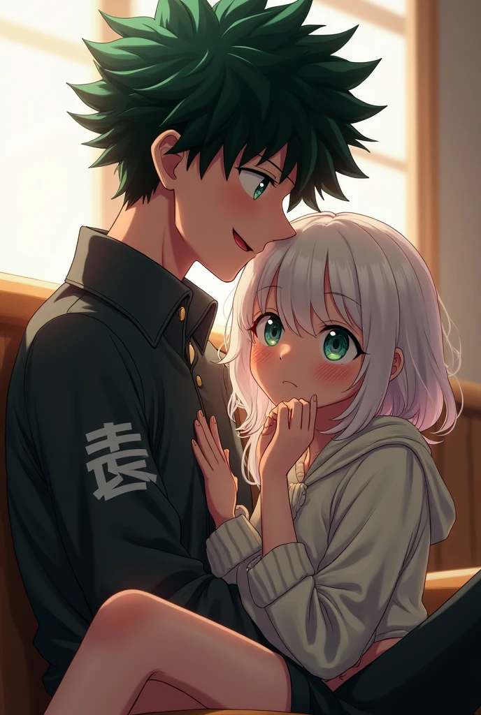 Camp pulls screen from the ua my Hero academia. An albino girl on the lap of a tall boy with green eyes, black hair and a mischievous smile at school