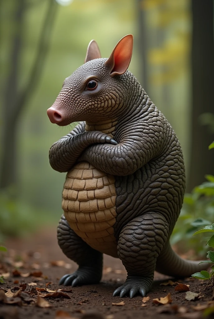 An armadillo with its arm crossed, with a forest background, as if he were a warrior, showing your strength and determination