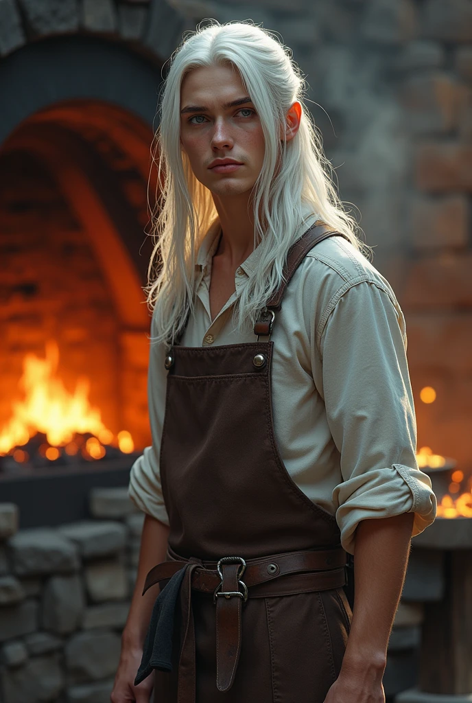 pale young man, standing in front of the forge, wearing blacksmith clothes, long white straight hair, outdoors, soft lighting, forge in background, relaxed pose, realistic, intricate details, warm colors