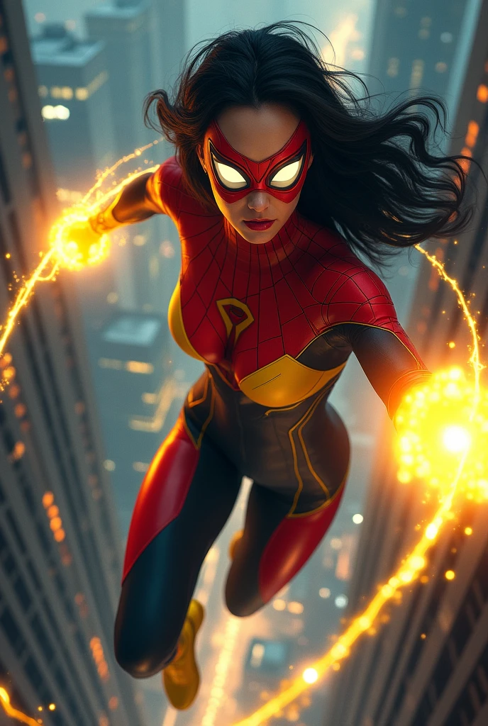 Megan fox black hair yellow and red mask covering her eyes with white lenses, jumping from a building one hand with webs while the other releases a burst of energy beams yellow shocks, looking at the horizon at night, wearing a yellow and red suit. very very beautiful woman