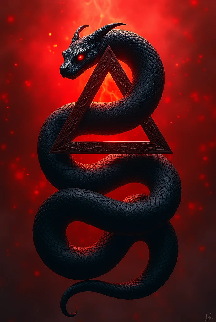 Imposing black snake coiled around a triangle on a red background