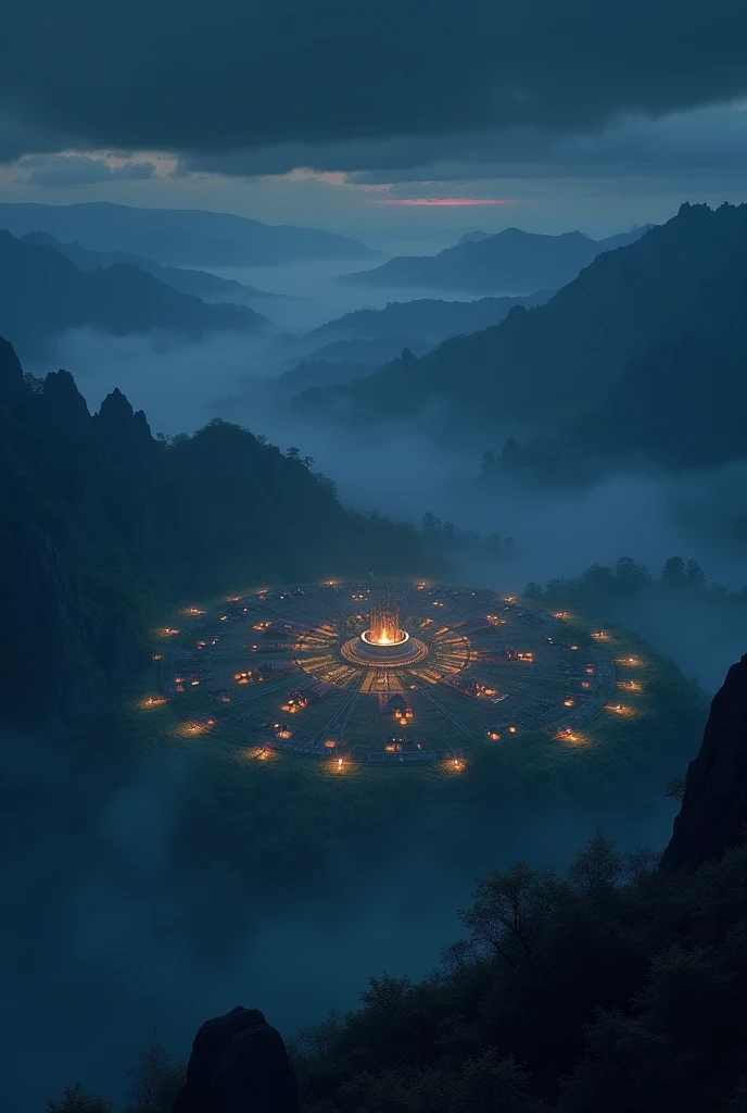 A single village in the shape of a circle surrounded by small mountains seen from a hill at night, in total darkness with light reflections, realist