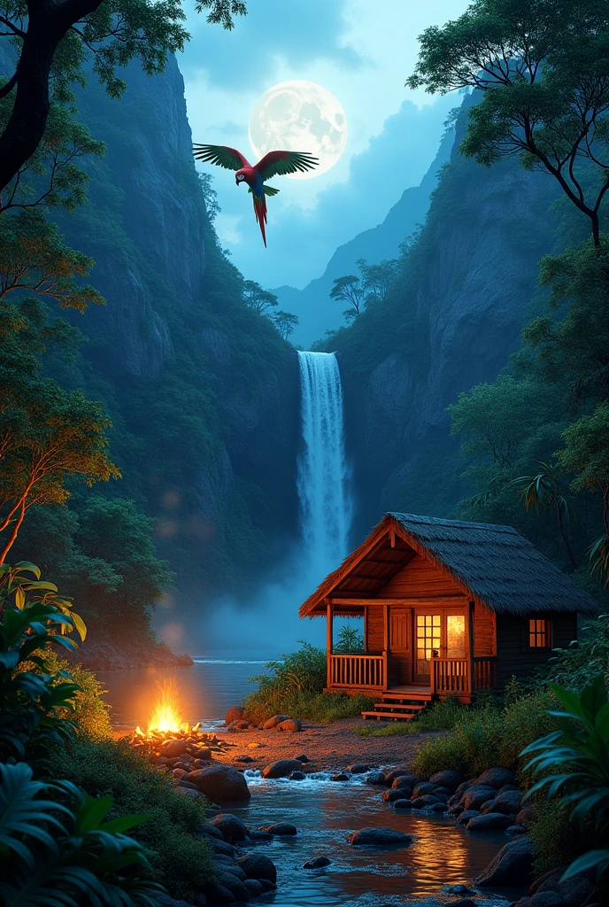 Brazilian forest with cabin next to waterfall, camp fire, waterfall in the mountains, moonligh, macaws