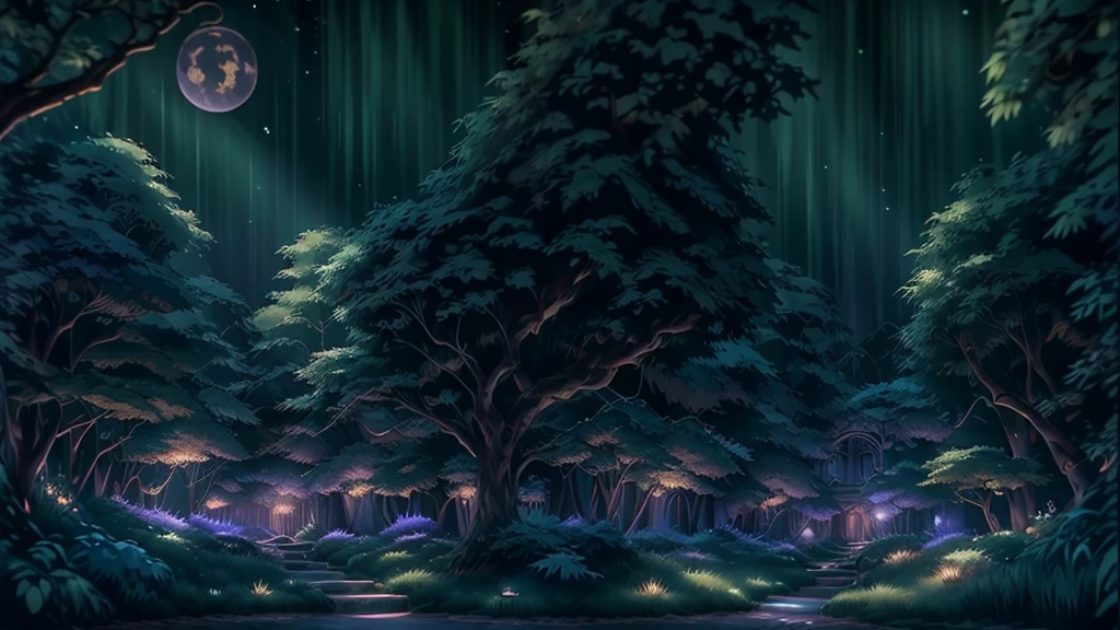 Imagine a magical, fantasy-themed scene for your lo-fi YouTube channel. The setting is a mystical forest, bathed in the soft glow of bioluminescent plants and floating orbs of light. A winding cobblestone path leads through ancient, towering trees with leaves that shimmer in shades of blue and purple.

At the center of the scene, a lone figure sits on a moss-covered rock, wearing a cloak with a hood drawn up, their face softly illuminated by a floating, glowing book that they hold open in their lap. Around them, tiny, ethereal creatures flutter through the air, leaving trails of sparkling dust behind. 

In the background, a crystal-clear stream flows gently, its surface reflecting the glow of the enchanted surroundings. The night sky above is filled with stars, and two large moons hang low, casting a surreal light over the landscape.

This image perfectly encapsulates the dreamy, otherworldly vibe of your fantasy-themed lo-fi channel, inviting viewers into a realm of magic, relaxation, and imagination.