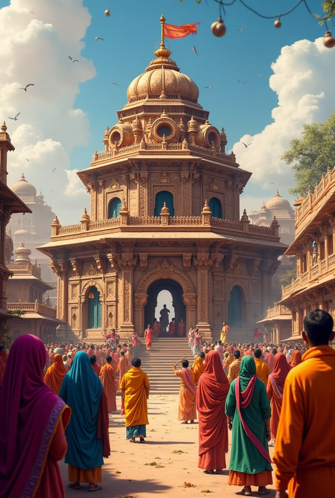 "An image of a traditional Mata Masani temple in Rajasthan or Gujarat, featuring rustic architecture with intricate carvings. The temple is adorned with vibrant decorations and offers a glimpse of a bustling village festival, with devotees in traditional attire engaged in rituals." In dall e-3 style
