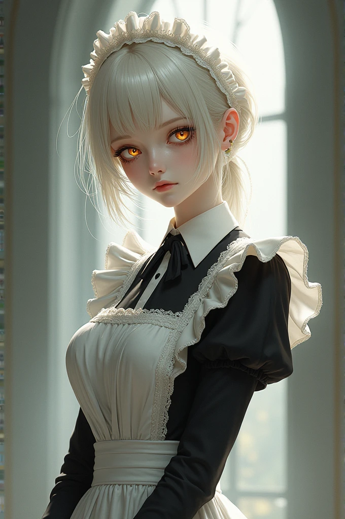 a beautiful woman with platinum blonde hair, whitish golden eyes with red circles under them, pale lips, very pale skin, she is wearing a maid outfit with a serious expression on her face, anime art