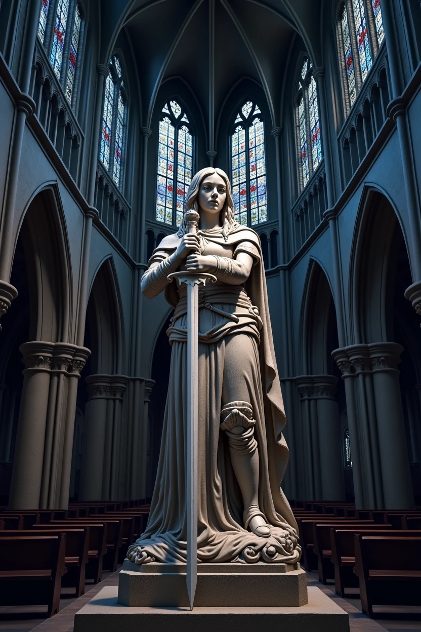 A striking interior of Gothic temple. Inside the temple at the center , a powerful and beautiful female warrior statue, heavily armored and leaning havy on a long, double-edged sword. The statue has a solemn and wise, determined expression. The light lights the temple through stained-glass windows, exuding an atmosphere is one of quiet strength and resilience.
