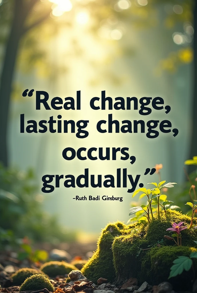 An artistic representation of the quote "Real change, lasting change, occurs gradually." — Ruth Bader Ginsburg. Create a high-quality, motivational image that can be used as a poster, wallpaper, or calendar. Include a nature background and ensure the image is suitable for professional use.