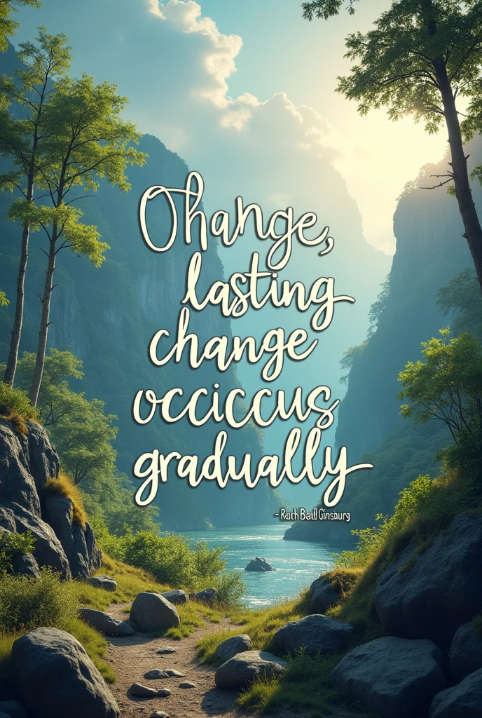 An artistic representation of the quote "Real change, lasting change, occurs gradually." — Ruth Bader Ginsburg. Create a high-quality, motivational image that can be used as a poster, wallpaper, or calendar. Include a nature background and ensure the image is suitable for professional use.