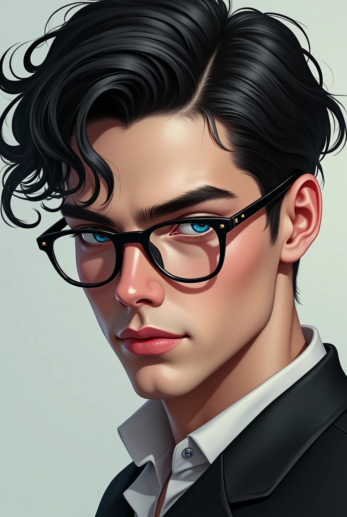 Counterfeit-V3.0 Handsome young man, blue eyes and slightly curly black hair with a pair of glasses perched on the bridge of his nose.