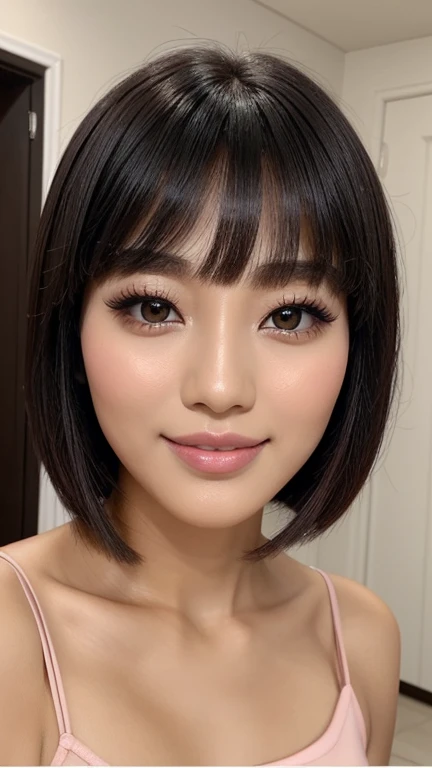 , imagine a woman with , ela tem pelos corporais preto with bangs, Black Hime Body Haircut, , korean, with short body hair with bangs, with short body hair, dilraba dilmurat, garota korean cruel, hairstyle with bangs style, with bangs, korean symmetrical,,,,,,,,,,,,,,,,,,,,, close-up makeup style shimmery blue eyeshadow complements her peach blush and vibrant light pink lipstick skin has a flawless, radiant finish with lighting that accentuates her makeup and natural beauty.. perfect smile, white teeth,,,,,,,,, (fully body),,,,,,,,,,,,,,,,,,bridal makeup, using a soft and romantic palette from Avon. The skin is velvety and flawless, with a light touch of pink blush on the apples of the cheeks. The eyes are softly smoky in shades of pink and brown, with elongated and delicate eyelashes. The lips are a natural pinkish tone, with creamy finish. Lighting should be soft and romantic, enhancing the perfection of the skin and the brightness of the eyes.",,,,,,,,,,