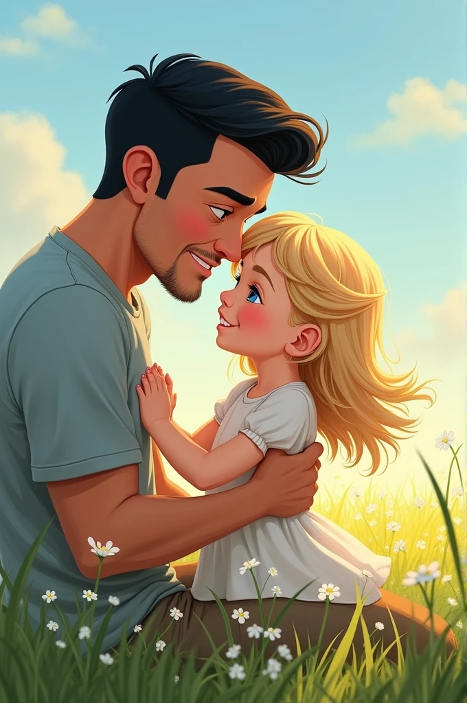 Imagine a father with black hair and a blonde daughter, both with blue eyes