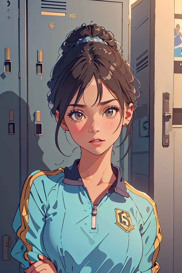 locker room,track suit,(Thin type:1.5),(large breasts),(random hairstyle),(Highest image quality,(8K), Ultra-realistic, Best Quality, High quality, High Definition, high quality texture, high detailing, Beautiful detailed, fine detailed, extremely details CG, Detailed texture, realistic representation of face, masterpiece, presence)