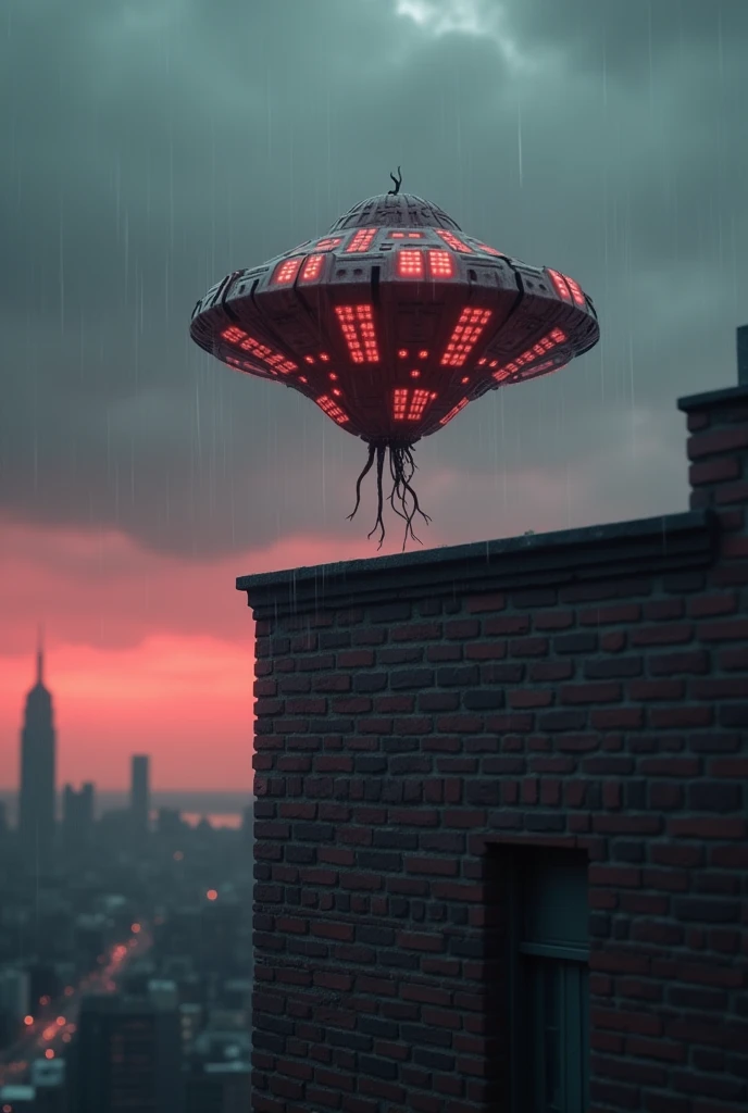 Photorealistic ufo sighting close encounter, red star shaped small size ufo, with background of gray red tones rainy cloudy sky, the sky is in dusk and is a tiny rain drops in the red tones cloudy sky, the body of ufo are made of biological technology fractal shapes, with rectangular sewer like panels, the design of the shapes in the structure of ufo are similar to a dmt psychedelic triop, on the top of ufo there is a small living tentacle watching to the ground, the ufo is only visible from below, all the sighting ocurred in ny roof. In my roof thereis a gray brick wall, above this wall is the ufo