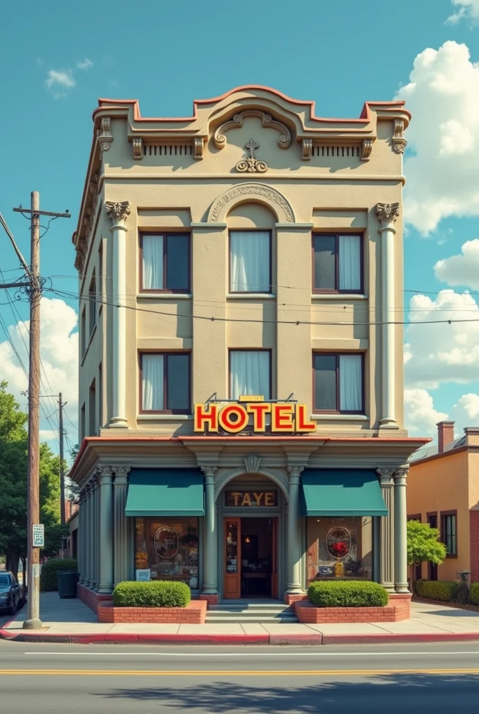 (Photorealism:1.2), facade of a simple business hotel