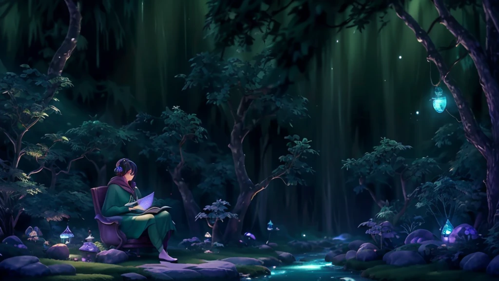 Imagine a magical, fantasy-themed scene for your lo-fi YouTube channel. The setting is a mystical forest, bathed in the soft glow of bioluminescent plants and floating orbs of light. A winding cobblestone path leads through ancient, towering trees with leaves that shimmer in shades of blue and purple.
At the center of the scene, a lone figure sits on a moss-covered rock, wearing a cloak with a hood drawn up, their face softly illuminated by a floating, glowing book that they hold open in their lap. Around them, tiny, ethereal creatures flutter through the air, leaving trails of sparkling dust behind.
In the background, a crystal-clear stream flows gently, its surface reflecting the glow of the enchanted surroundings. The night sky above is filled with stars, and two large moons hang low, casting a surreal light over the landscape.
This image perfectly encapsulates the dreamy, otherworldly vibe of your fantasy-themed lo-fi channel, inviting viewers into a realm of magic, relaxation, and imagination.