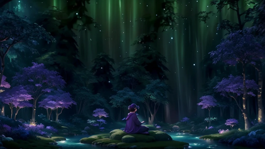 Imagine a magical, fantasy-themed scene for your lo-fi YouTube channel. The setting is a mystical forest, bathed in the soft glow of bioluminescent plants and floating orbs of light. A winding cobblestone path leads through ancient, towering trees with leaves that shimmer in shades of blue and purple.
At the center of the scene, a lone figure sits on a moss-covered rock, wearing a cloak with a hood drawn up, their face softly illuminated by a floating, glowing book that they hold open in their lap. Around them, tiny, ethereal creatures flutter through the air, leaving trails of sparkling dust behind.
In the background, a crystal-clear stream flows gently, its surface reflecting the glow of the enchanted surroundings. The night sky above is filled with stars, and two large moons hang low, casting a surreal light over the landscape.
This image perfectly encapsulates the dreamy, otherworldly vibe of your fantasy-themed lo-fi channel, inviting viewers into a realm of magic, relaxation, and imagination.