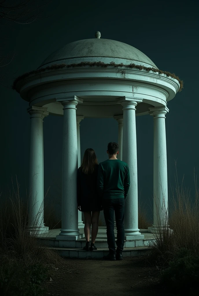 In the darkness of the night, A white marble gazebo stands alone, visible only. A couple stands one meter apart, each leaning on opposite columns of the gazebo. the man, black dress, and the woman, with a green sweater, They are motionless in a tense environment. The weeds grow disorderly around, accentuating the isolation and mystery of the scene.