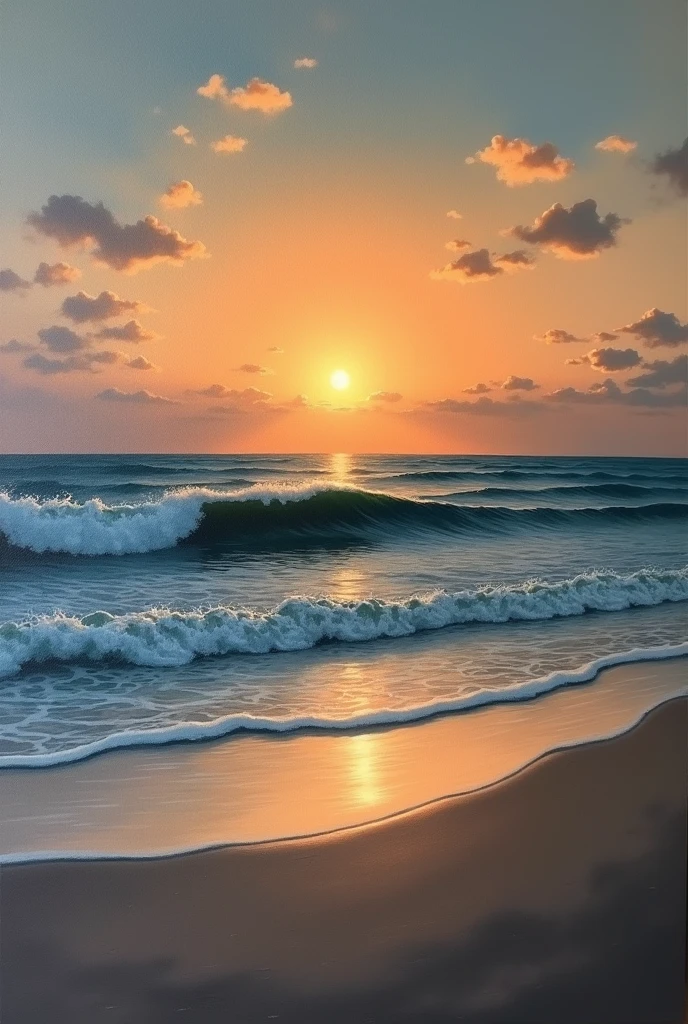 simple painting on canvas of a beach landscape at sunset with the ocean wave breaking and with darker colors, with the sun reflecting on the water, with simple elements