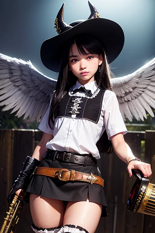 Realistic photo of extremely beautiful 12 year old  girl wearing mariachi outfit and black miniskirt rancher boots with mariachi hat angel wings on back devil horns on forehead armed with a shotgun in a Mexican town at night