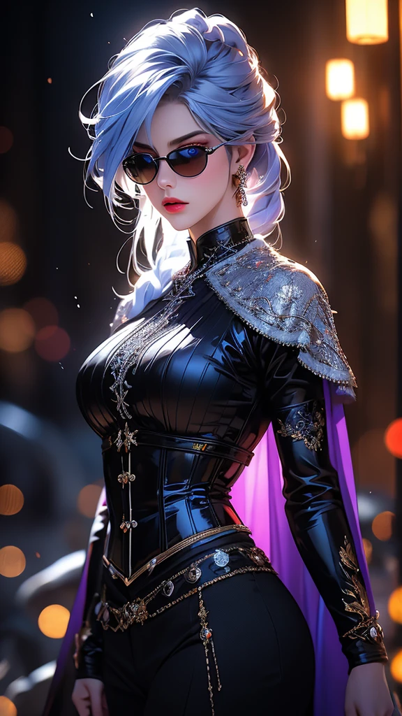 beautiful detailed blue eyes with a magical glow, luminescent eyes, a girl in a cave, luminescent stones, standing, posing, flowing silky blue hair, detailed beautiful red eyes, bright emotions, makeup, translucent purple sunglasses with a round frame, jewelry, black outfit, black corset with silver lacing emphasizes the chest, silk black shirt embroidered with patterns of silver thread, cape made of satin black fabric, belt, pants, juicy hips, cinematic lighting, VFX, (best quality,4k,8k,highres,masterpiece:1.2),ultra-detailed,(realistic,photorealistic,photo-realistic:1.37),HDR,UHD,studio lighting,ultra-fine painting,sharp focus,physically-based rendering,extreme detail description,professional,vivid colors,bokeh