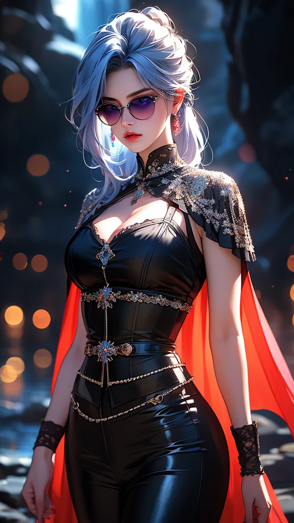 beautiful detailed blue eyes with a magical glow, luminescent eyes, a girl in a cave, luminescent stones, standing, posing, flowing silky blue hair, detailed beautiful red eyes, bright emotions, makeup, translucent purple sunglasses with a round frame, jewelry, black outfit, black corset with silver lacing emphasizes the chest, silk black shirt embroidered with patterns of silver thread, cape made of satin black fabric, belt, pants, juicy hips, cinematic lighting, VFX, (best quality,4k,8k,highres,masterpiece:1.2),ultra-detailed,(realistic,photorealistic,photo-realistic:1.37),HDR,UHD,studio lighting,ultra-fine painting,sharp focus,physically-based rendering,extreme detail description,professional,vivid colors,bokeh