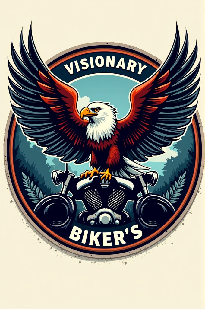Create a circular stamp logo that combines an eagle, a motorcycle or a motorcycle engine and the phrase visionary biker's